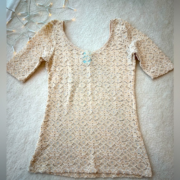 BNWT H.I.P. Cream Beige Sparkly See Through Top Blouse - Picture 4 of 4